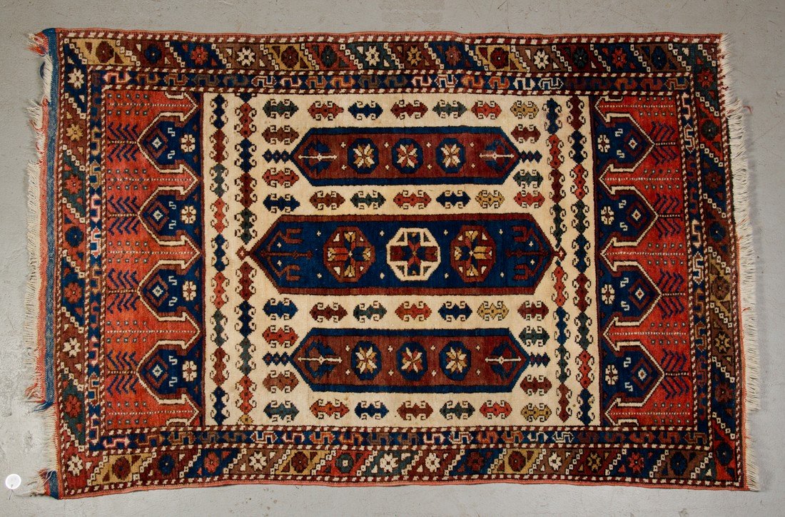Antique Caucasian Oriental Prayer Rug: Antique Caucasian Oriental Prayer Rug. The hand made carpet has some end loss, but otherwise has good pile and is in good condition. Measures 5.1 feet by 3.4 feet