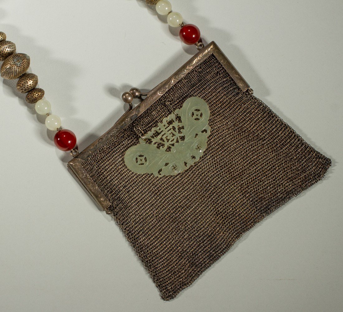 Jade Pendant & Carnelian 1920's Sterling Necklace Purse: Chinese Jade and Carnelian Sterling Necklace Purse. The necklace is comprised of an American 1920's Art Deco signed sterling mesh purse, with a jade carved butterfly pendant ornament attached to the f