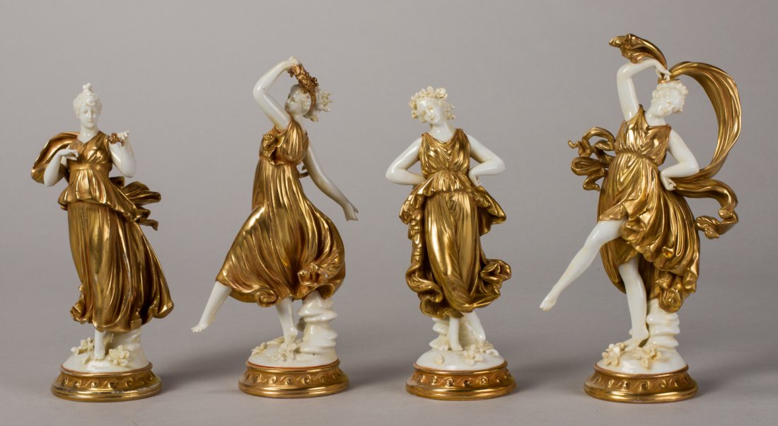 Fine Capodimonte Porcelain Set 4 Graces Gilt Figurines: Set of Italian Capodimonte Porcelain Four Graces Gilt Figures. The classical figurines depict 4 women with brilliant gilt decorated bases and gilt dresses. In good condition, one of the bases is missi