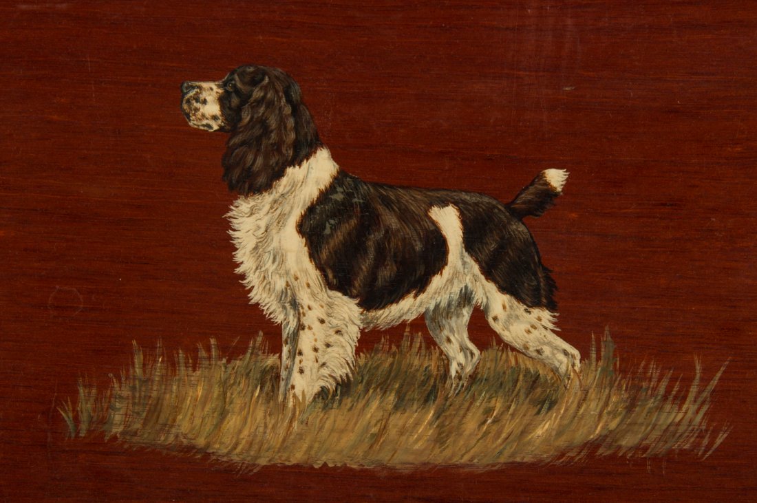 Handpainted Mahogany Springer Spaniel Dog 24" Tray: Hand-Painted Mahogany Springer Spaniel Serving Tray. The 20C mahogany serving tray has a well painted springer spaniel dog standing in tall grass decorating the center. Signed by the artist Terry Pedl