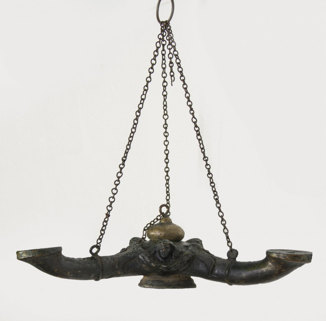 Antique Islamic Persian Mosque Ceiling Lamp: Antique Islamic Persian Middle Eastern Brass Mosque Ceiling Lamp. The heavy and very early brass ceiling oil lamp from the 19th century or earlier is cast with three heads. Measures 14" high to the to