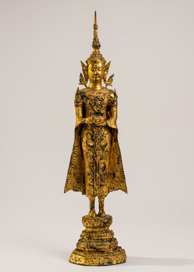 Ornate Indo Siamese Thai 25" Gilt Incense Statue Figure: Ornate Siamese or Thai 25" Gilt Goddess Offering Statue. The striking antique gilt figure of a goddess making an offeringhas a brilliant shimmering gilt over brass metal. The Siam or Thailand figure w