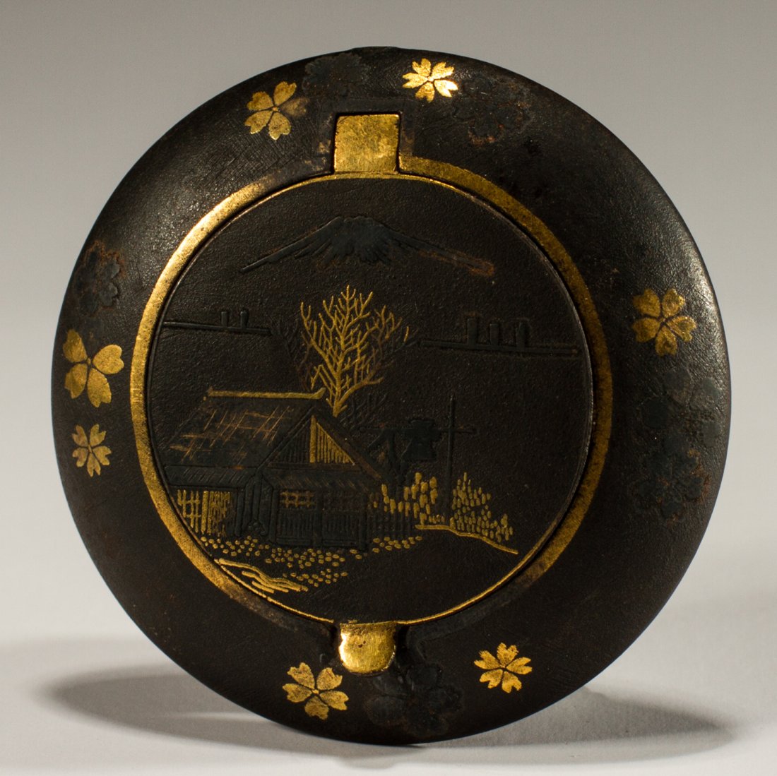 Old Japanese 1920's Mixed Metal Round Pocket Box: Japanese 1920's Mixed Metal Round Pocket Box. The brass box is decorated with silver and gold birds and butterflies. The lift top, which is used as a picture holder, has a waterfront scene with Mt. Fu