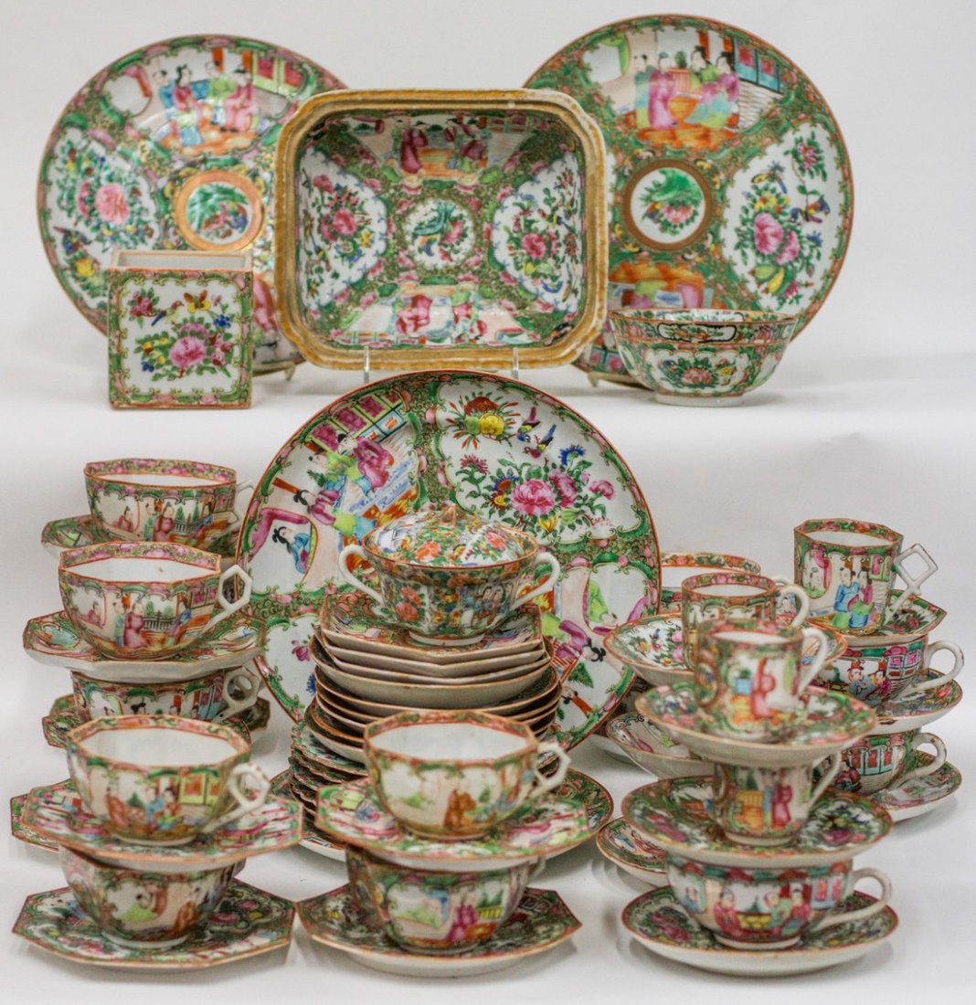Rose Famille 19C Chinese Medallion Dinner Service Set: Chinese 19C Canton Rose Medallion Famille Porcelain Qing Dinner Service Set. Includes 20 tea cups, an open vegetable, 3 dinner plates, a sugar, a soup bowl, an open square box and 10 other various pla