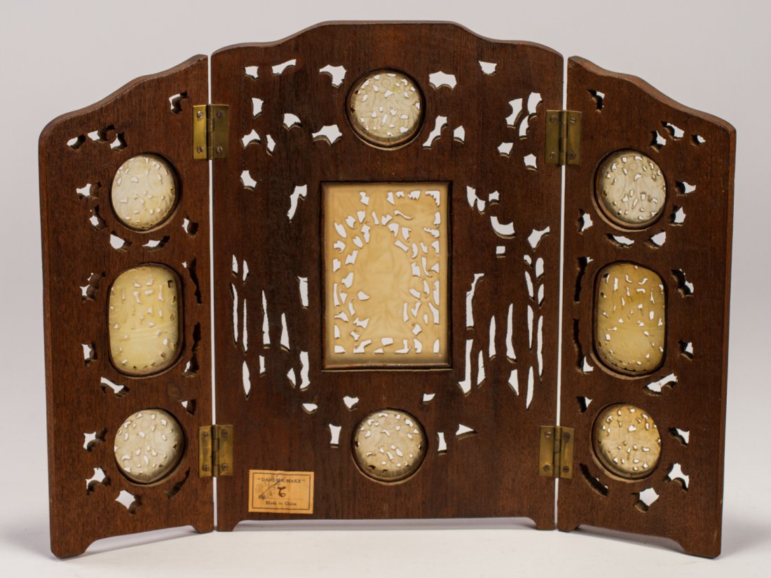 Chinese Carved Folding Screen w Hard Stone Panels: Chinese Carved Folding Screen with Hard Stone Panels. The early 20th century table screen has all over carving on the front with inset panels of carved soapstone. Has the original label on the reverse