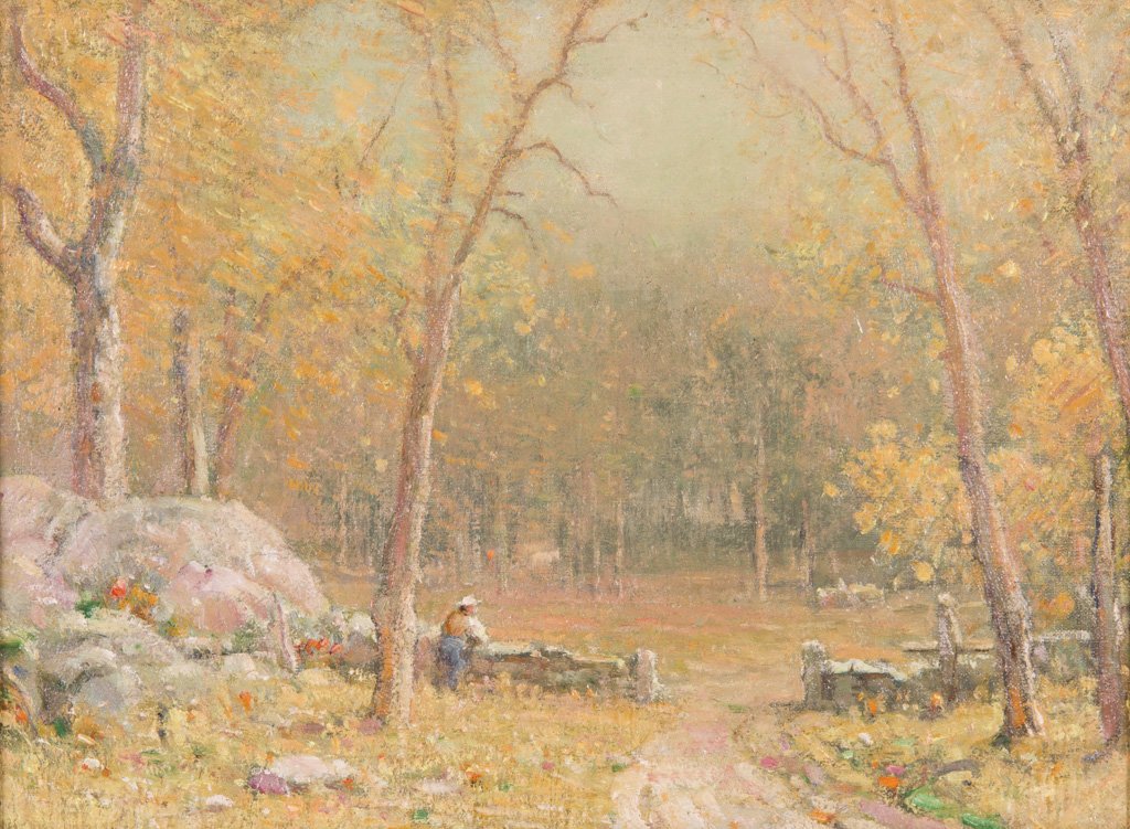 American Autumn Scene 19th Century B Crane Oil Painting: American Autumn Scene with Stone Wall (manner of Bruce Crane). Oil on canvas. The late 19th or early 20th century painting is from the same East Hampton, NY estate as painting (lot number 94) in this