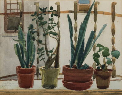 Mosca, August (American, NY 1909-2002) Painting: Mosca, August (American, NY 1909-2002) Potted Plants on Windowsill. Watercolor painting. Signed and dated on lower left August Mosca 1943. In good condition. Image measures 13 ” x 17 ”. Frame meas