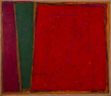 Opper, John (American 1908-1994) Abstract Oil Painting: Opper, John (American, 1908-1994) “AM6-10.” Oil on canvas abstract painting. Signed lower right John Opper ’76. Signed on back of canvas by the artist, also titled on the back AM6-10. From the N