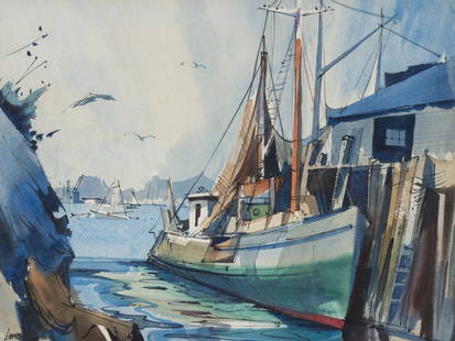 Sisson, Laurence (American, 1928) Harbor Painting: Sisson, Laurence (American, 1928-) Watercolor Painting. Dockside Harbor Scene. Signed lower left Laurence Sisson. In good condition. Painting measures 12” x 16”. Frame measures 20 ” x 24 ”. Fr