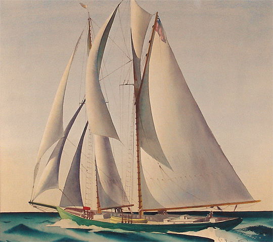 Sandor Bernath American Schooner Painting: Sandor Bernath American Schooner PaintingSandor Bernath American 1892-1984 "Schooner" Watercolor. Signed l.r., Sandor Bernath. Sight size 16 1/2 x 18 1/2. Good condition. Original frame.