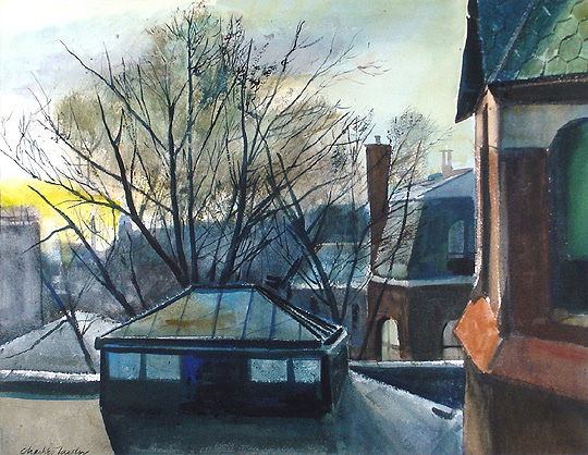 Charles Andrew Taylor (1910- )"Skylight" Painting: Charles Andrew Taylor "Skylight" PaintingCharles Andrew Taylor (1910 - ?)American. "Skylight". Watercolor. Signed LL., Charles Taylor. Sight size 17 1/2" x 22 1/2" without frame. Good condition. Title