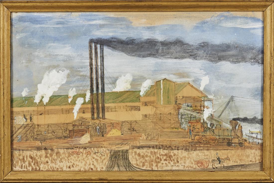Frog Smith (American - Florida 1896-1993) Painting 1910: Ernest Archer "Frog" Smith (American, 1896-1993) Painting. Otter Creek Florida 1910. One of Frog's early paintings dated 1910 depicts a lumber mill. Watercolor wash and pencil on paper. Signed Frog Sm