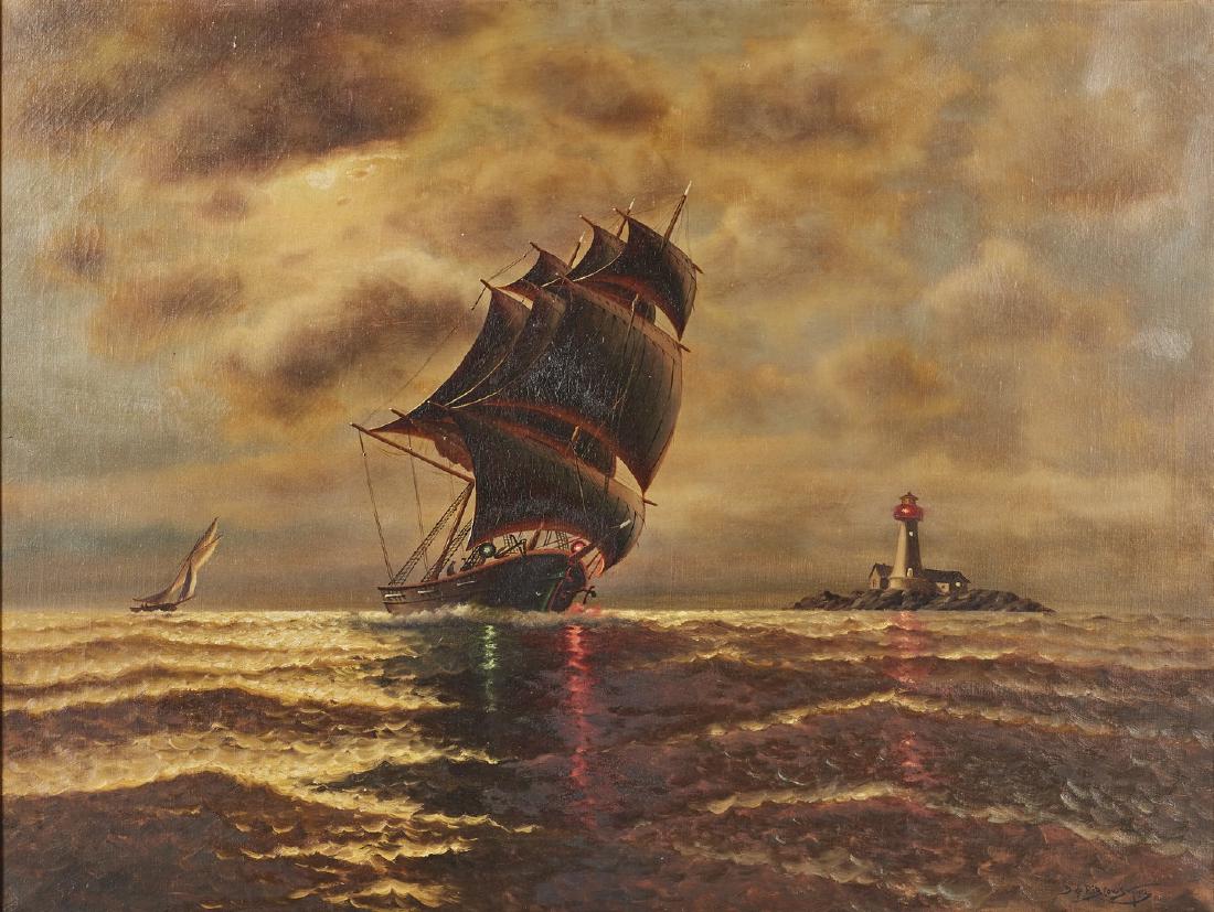 Richard De Ribcowsky (American 1880-1936) Ship Painting: Richard De Ribcowsky (American,1880-1936) Ship Painting. Nocturnal Ships at Sea. Oil on canvas. In good condition with no damage or repair. Signed D. De Ribcowsky 1912 lower right. Measures 30 inches 