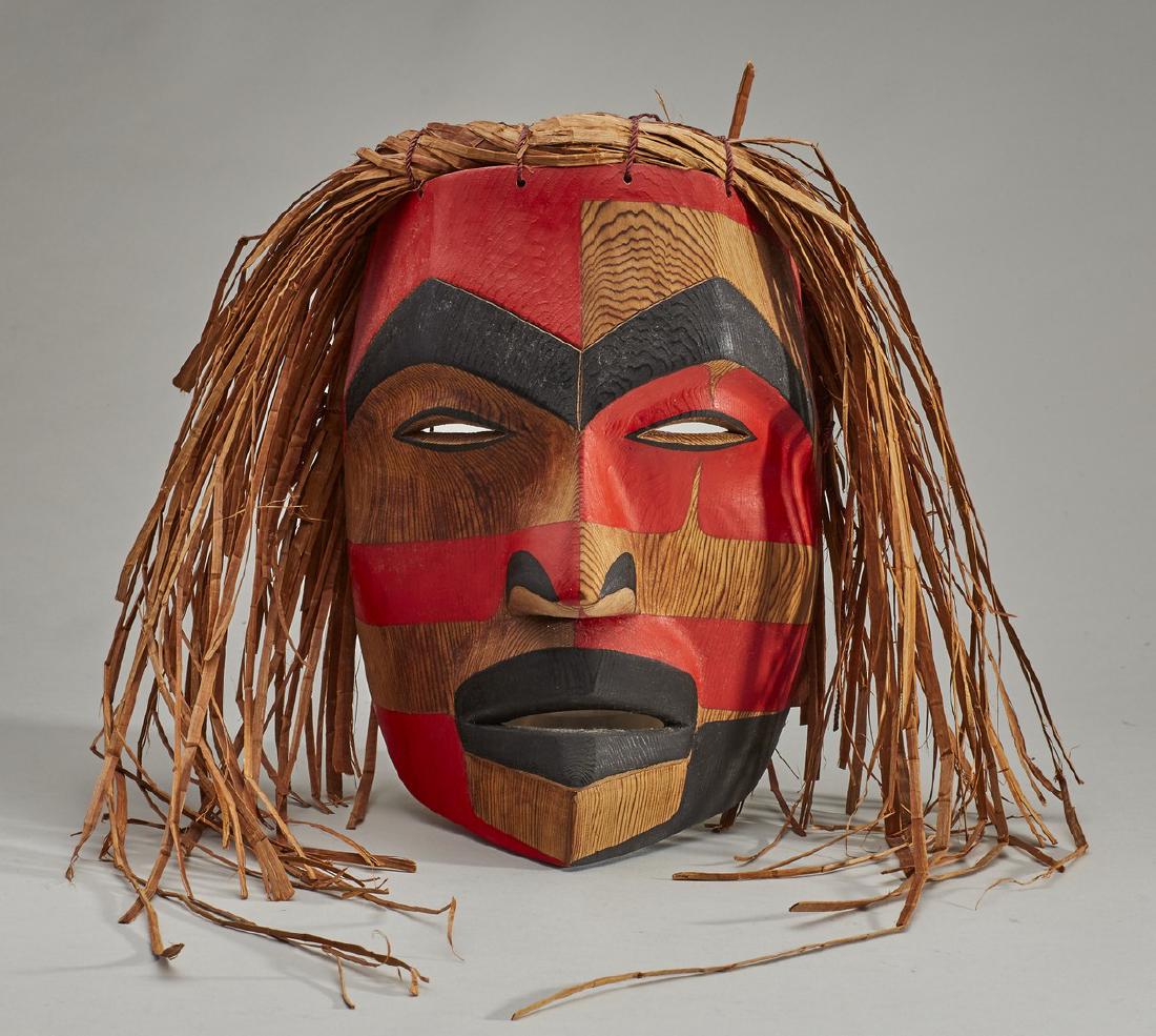 Northwest Coast Indian Nooka Signed Death Mask: Northwest Coast Indian Nooka signed Death Mask. The Pacific Northwest Coast Native American Indian carved and painted black and red mask is signed in pencil on the inside Pat Amos death mask Nooka Aug