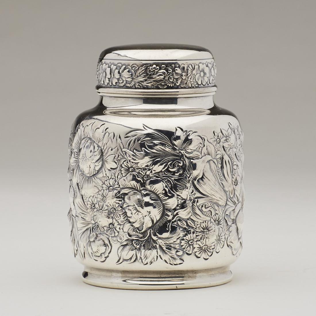 Gorham Sterling Silver Floral Repousse Tea Caddy: Gorham Sterling Silver Floral Repousse Tea Caddy. Hallmarked Gorham and marked sterling. Monogram on the bottom W. G. Peck, from the same family that has the Medallion pattern flatware set in this auc
