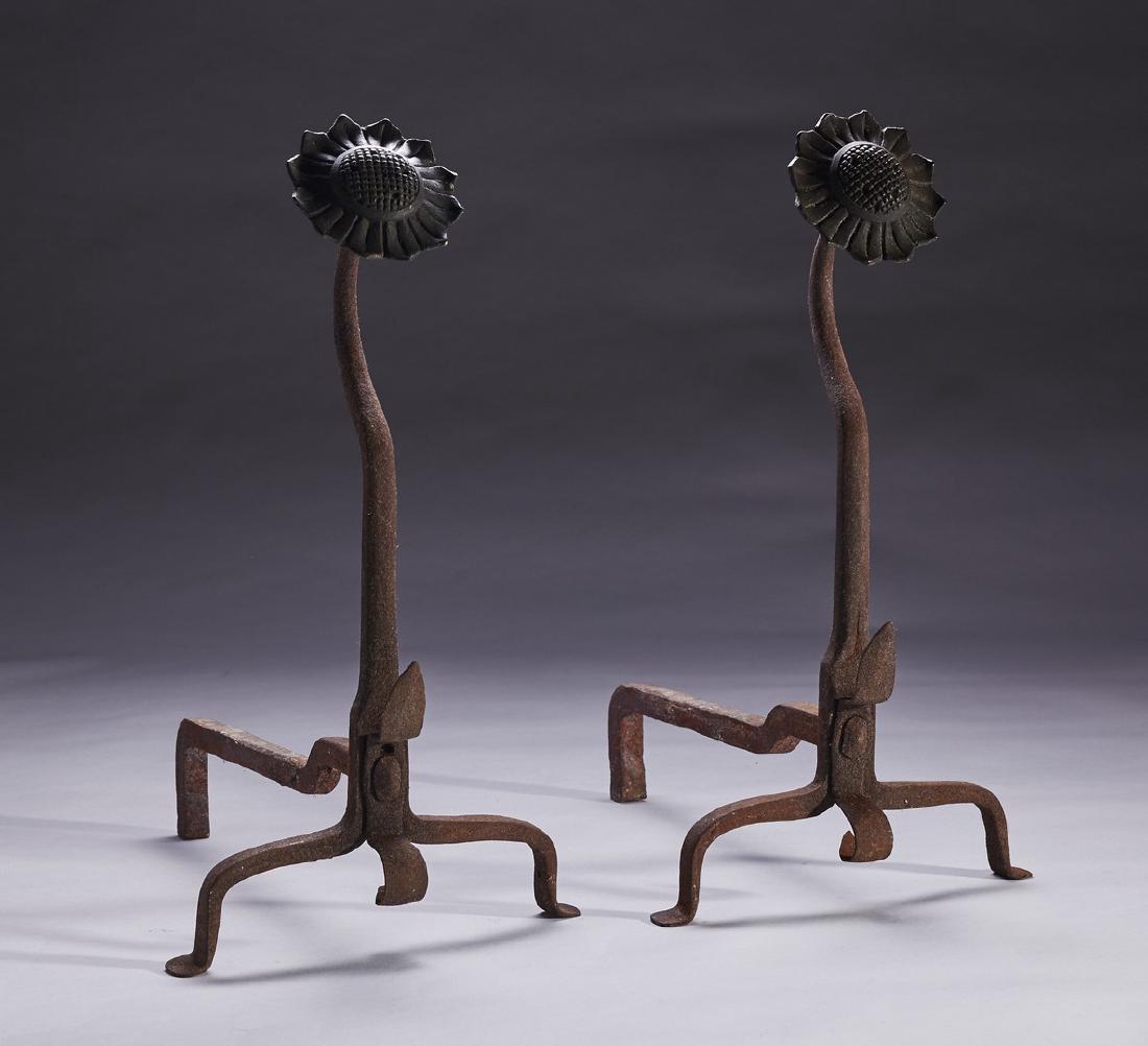 Pair of 19C Sunflower Brass and Iron Andirons: Pair of 19C Sunflower Brass and Iron Andirons. The pair of figural 19th century andirons are in good condition. Measures 21 inches high. Notes: Thank you for your bid! Please keep in mind that bidding