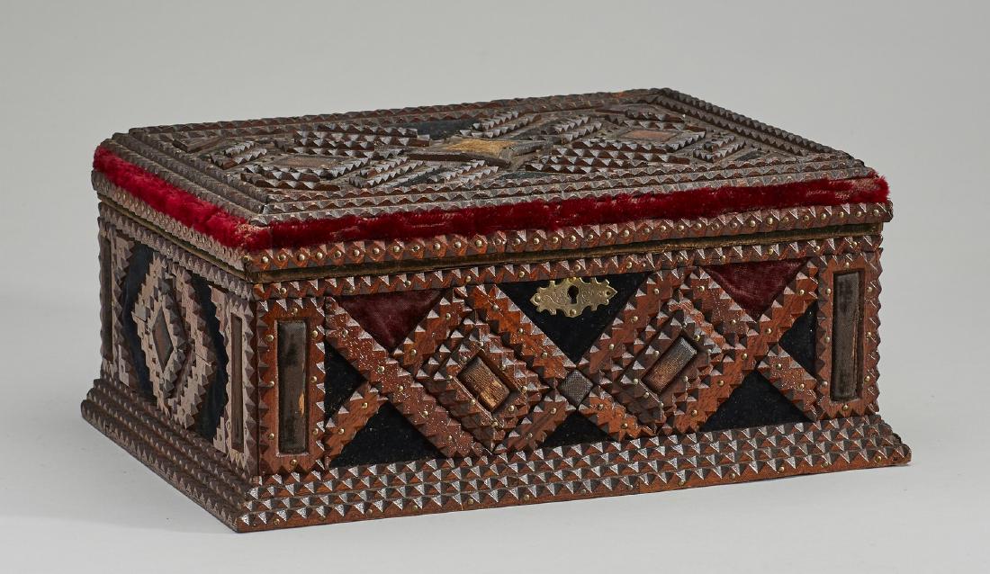 Carved Old Tramp Art Lift Top Box with Mirror.: Carved Old Tramp Art Lift Top Box with Mirror. The body of the box has black and red velvet highlights. In good condition. Measures 6.2 inches high by 13.5 inches wide. Notes: Thank you for your bid! 