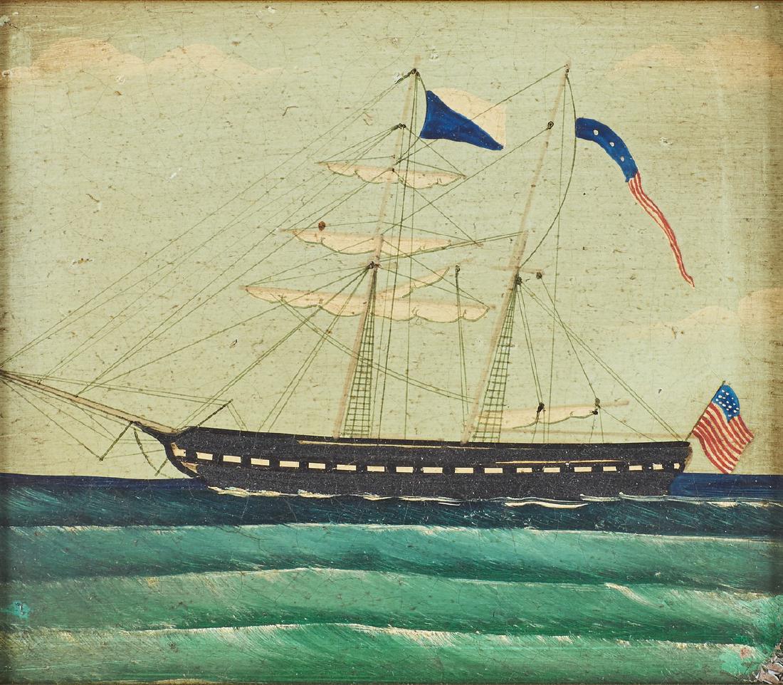 Miniature American Schooner Marine Ship Oil Painting: Miniature American Schooner Ship Oil Painting. The unsigned miniature marine painting of a sailing ship at sea flying American flags, was most likely painted in the early or mid 20th century. Oil on M