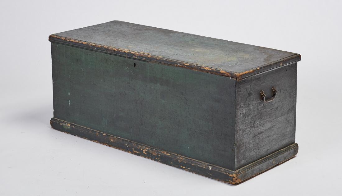 Old Green Paint 19C Pine Blanket Box Chest: Old Green Paint 19C Pine Blanket Box Chest. The 19th century box or chest has molded trim on top and bottom part of the top trim is missing on the lid missing the original lock retains the till there 