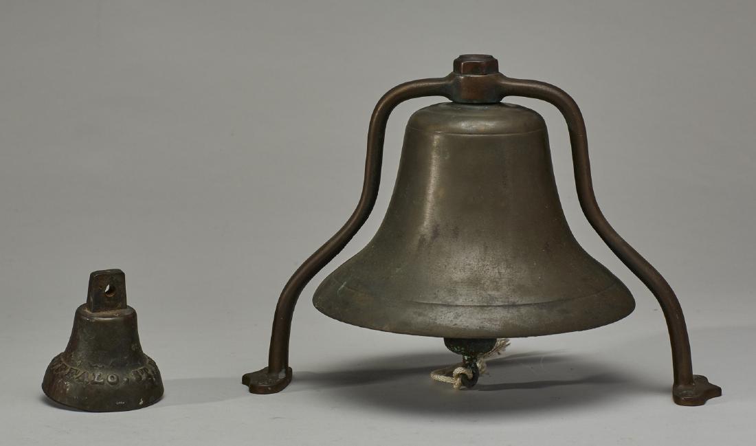 Old Brass Ship Bell & Buffalo Railroad RR Bell: Old Brass Ships Bell on Stand and Buffalo Railroad Bell. The 3.2 inch old railroad bell is embossed Buffalo ST RR CO. The 9 inch brass nautical marine ship's bell is unsigned. In good condition. Sold 