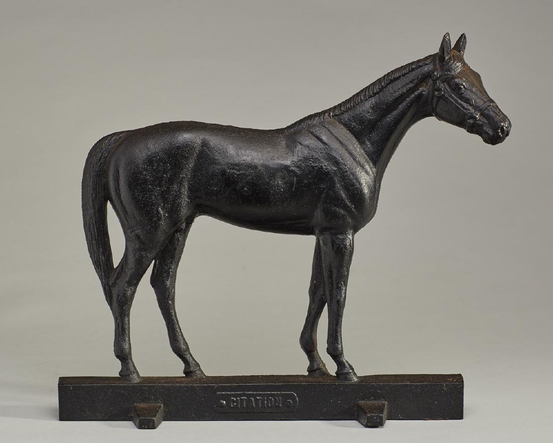Old Cast Iron Citation Figural Horse Doorstop: Old Cast Iron Citation Figural Horse Doorstop. The old black painted equestrian doorstop is signed copyright 1949 VA. Metalcrafters, Waynesboro, VA. In good condition measures 10 inches high. Notes: T