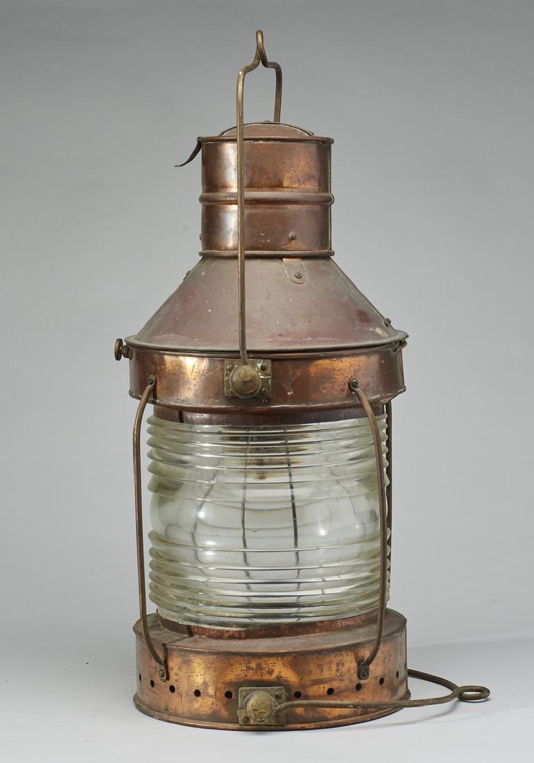 Old Nautical Copper Anchor Marine Ships Oil Lantern: Old Nautical Copper Anchor Ship's Oil Lantern with Clear Glass. The anchor lantern has a clear glass shade that is chipped in more than a few places. The original oil lamp burner inside is in good con