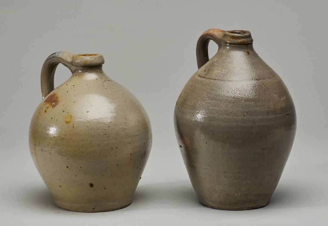 Smith & Day Norwalk CT 19C Ovoid Stoneware Jugs 2: Two Small 19C Ovoid Stoneware Jugs. One of the half gallon 19th century stoneware jugs is unsigned the other is signed Smith and Day Norwalk Connecticut. Both in good condition. Measures 9 inches high