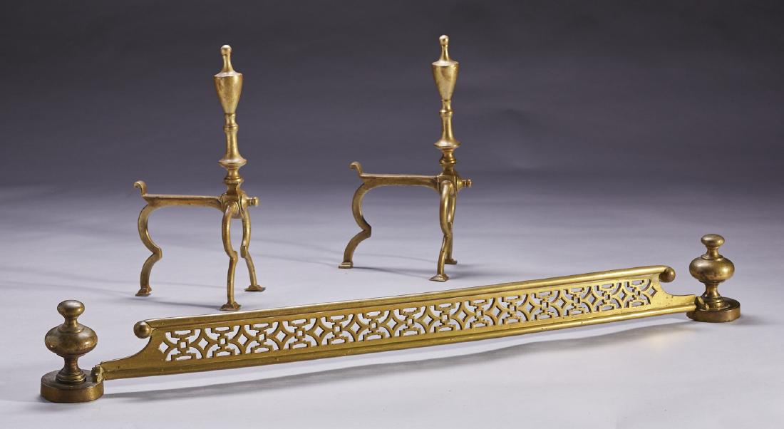 Pair of Small Bedroom Brass Andirons and Fender: Pair of Small Bedroom Brass Andirons and Fender. In good condition the andirons measure 12.5 inches high the fireplace fender measures 33 inches long. Notes: Thank you for your bid! Please keep in min