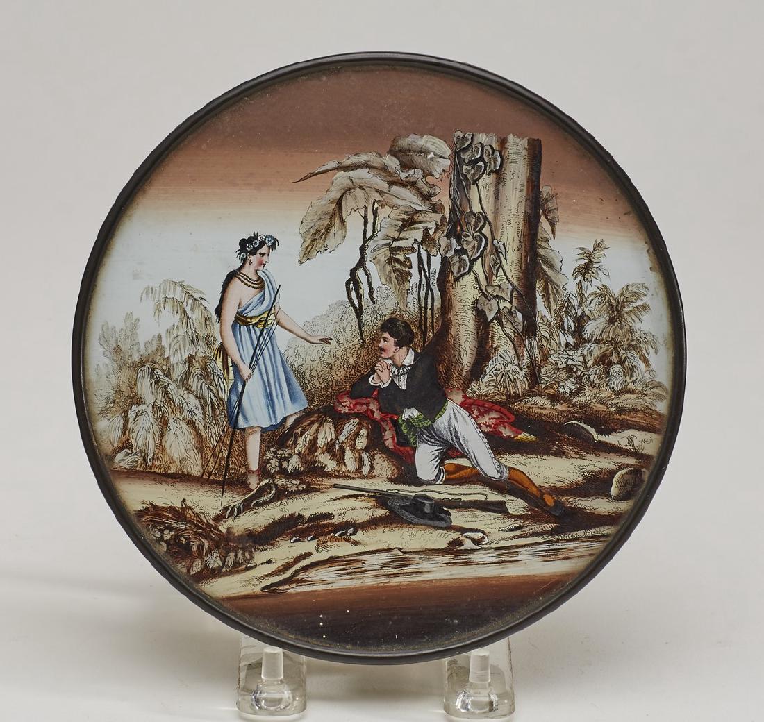 Unusual 19C Pocahontas Reverse Painted Glass Box: Unusual 19C Pocahontas Reverse Painted Glass Box. Late 19th century transfer decoration glass box of Native American Indian - Pocahontas and John Smith by the river. In good condition measures 1 inch