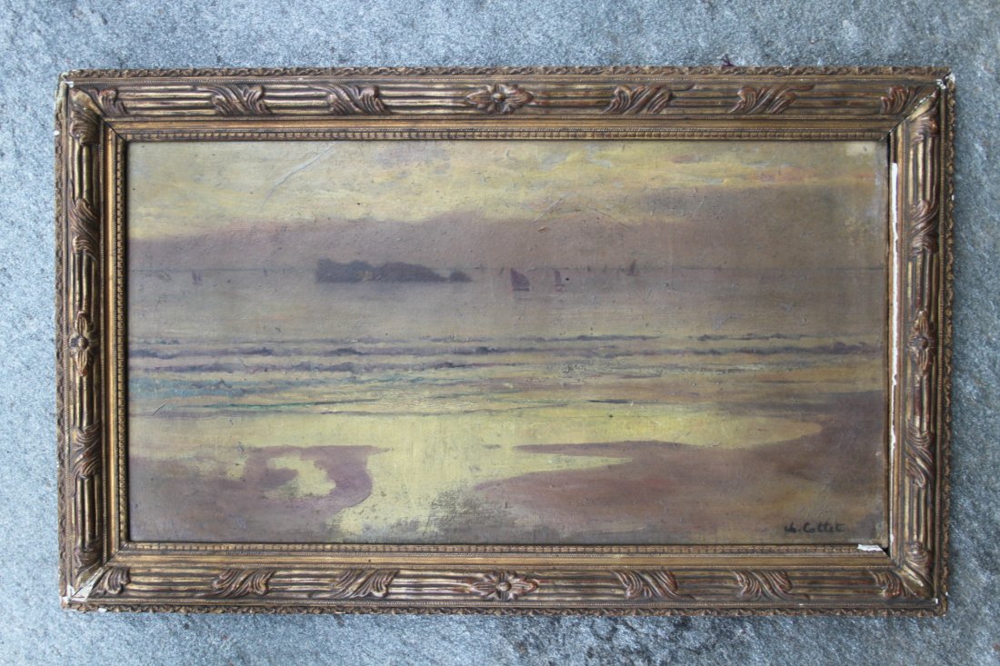 Charles Cottet Signed Oil On Canvas Sailboat Seascape: Post Impressionist Charles Cottet Antique Oil on canvas scene of sailboats on the sea. Framed measures 25" by 15 1/2'.
