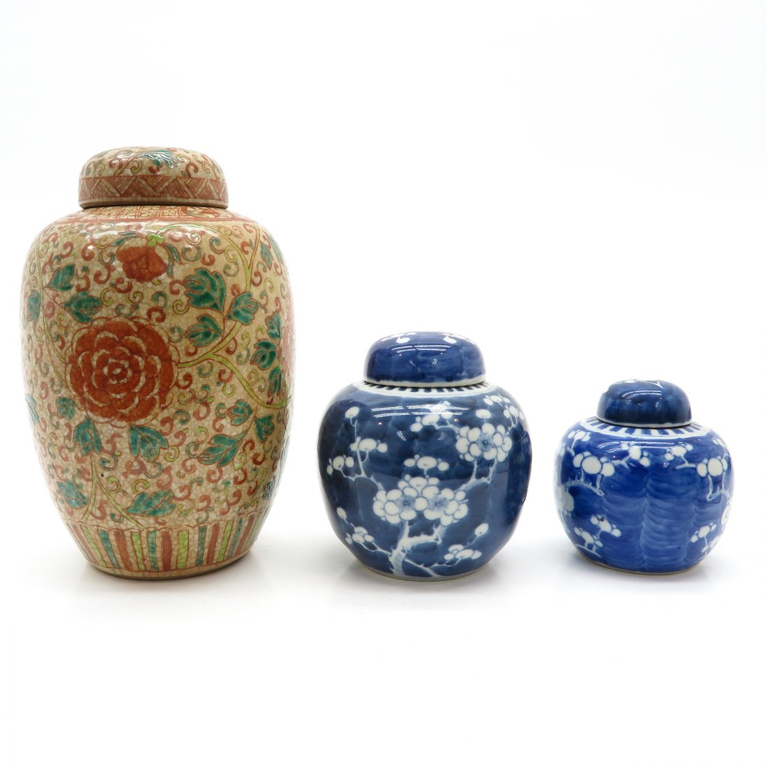 Lot of 3 China Porcelain Ginger Jars: 24 cm. tall, chip.