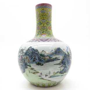 Beautiful Polychrome Decor China Porcelain Vase: Landscape decor, marked with seal mark on the bottom, 56 cm. tall.