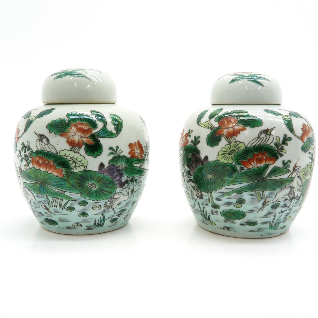 Lot of 2 Famille Verte Decor Ginger Jars: 16 cm. tall, chip.