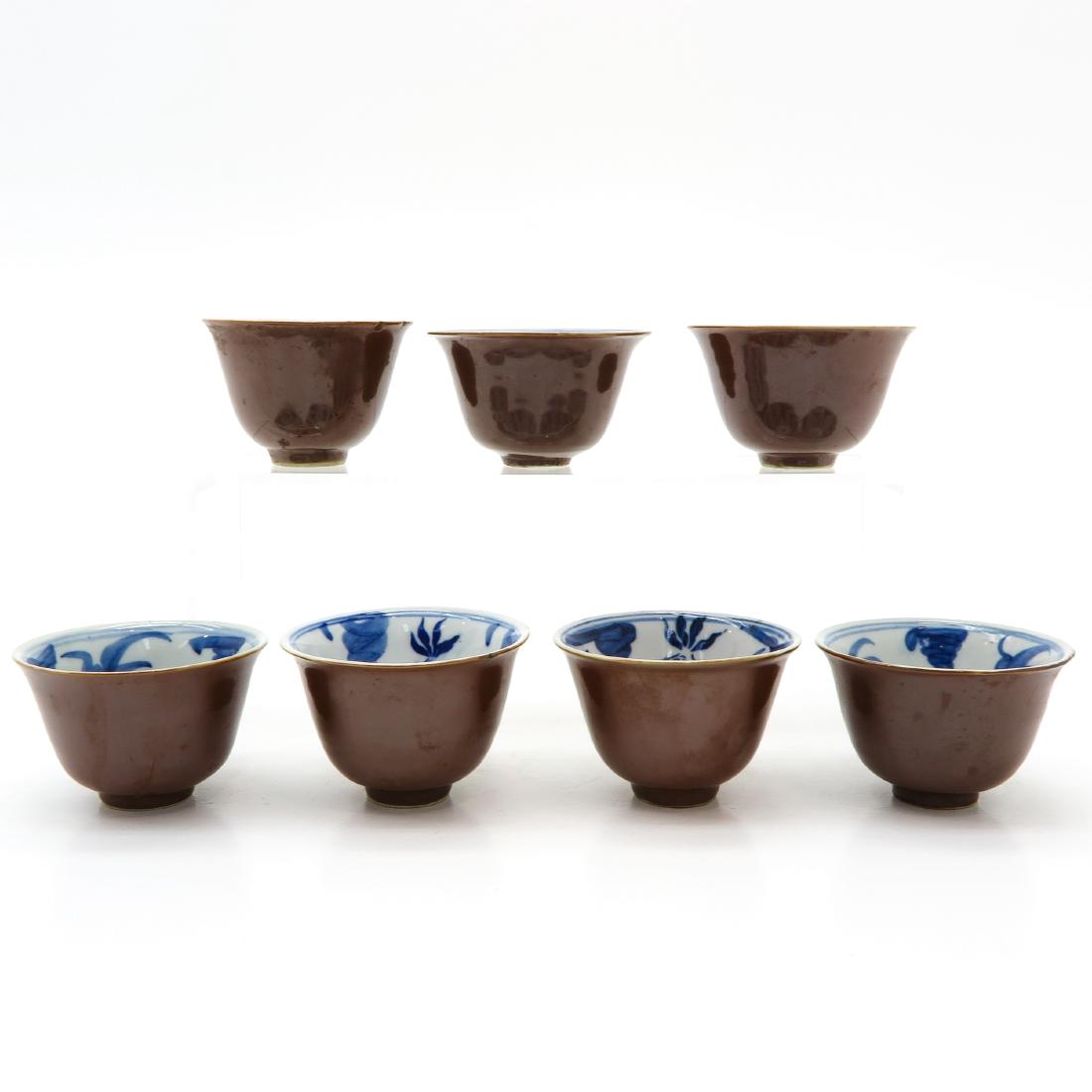 Lot of 7 Cups: Cappucino decor, blue and white decor interior, 8 cm. in diameter, restored.