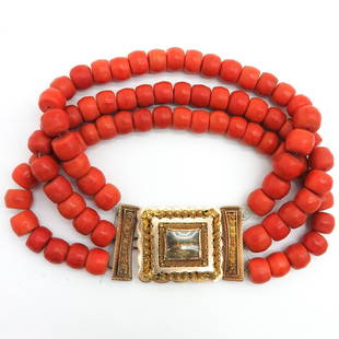 19th Century Red Coral Necklace on 14KG Clasp: 3 strands of red coral from 13 - 14 mm. in diameter, 288 gram.