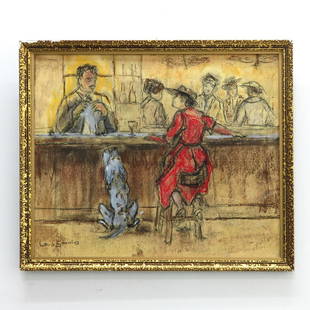 Signed Louis Soonius Pastel: Depicting scene at a bar, 30 x 40 cm.