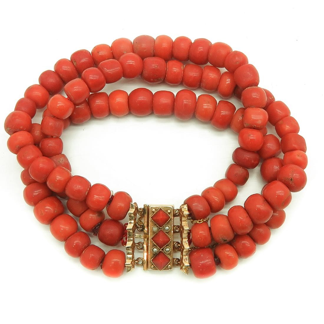 19th Century 3 Strand Red Coral Bracelet on 14KG Clasp (1 of 1)