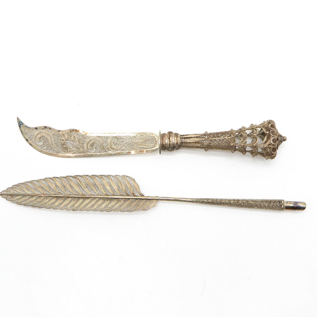 Silver Bureau Set: Including letter opener and pen holder, very fine filigree work, longest is 20 cmm.