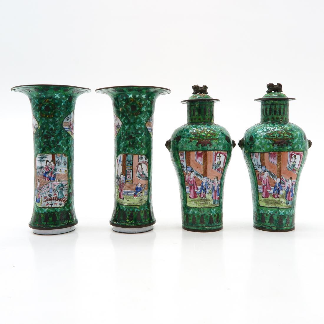 Garniture Set: Enamel, depicting ladies in garden, 18 cm. tall.
