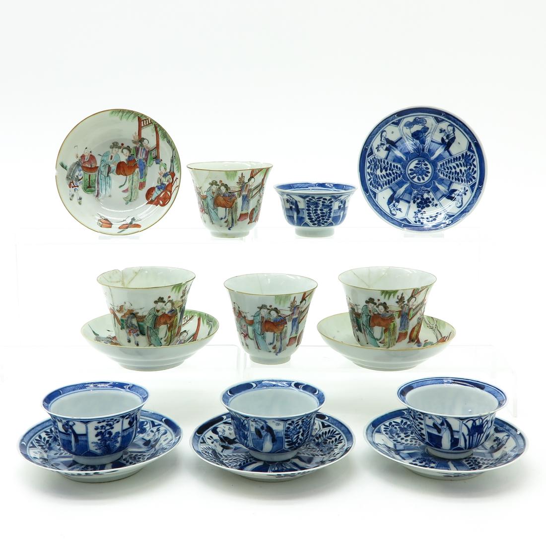 Diverse Lot of Cups and Saucers: Largest sauer is 13 cm. in diameter, in diverse conditions.