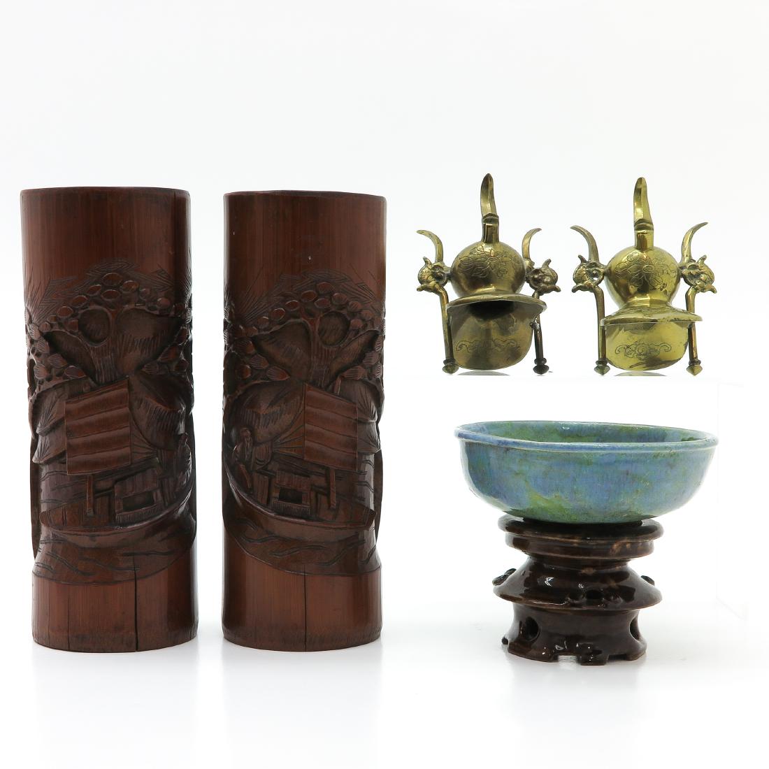 Diverse Lot of Chinese Items: 5 items, including bronze wine cups, wood vases, and altar bowl, vases are 25 cm. tall.