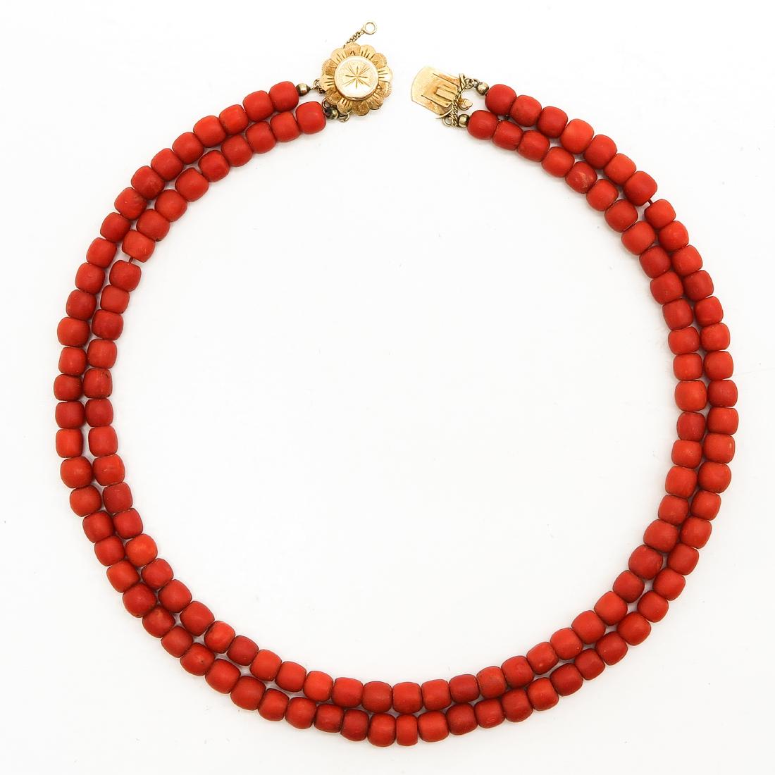 19th Century 2 Strand Red Coral Necklace on 14KG Clasp (1 of 1)
