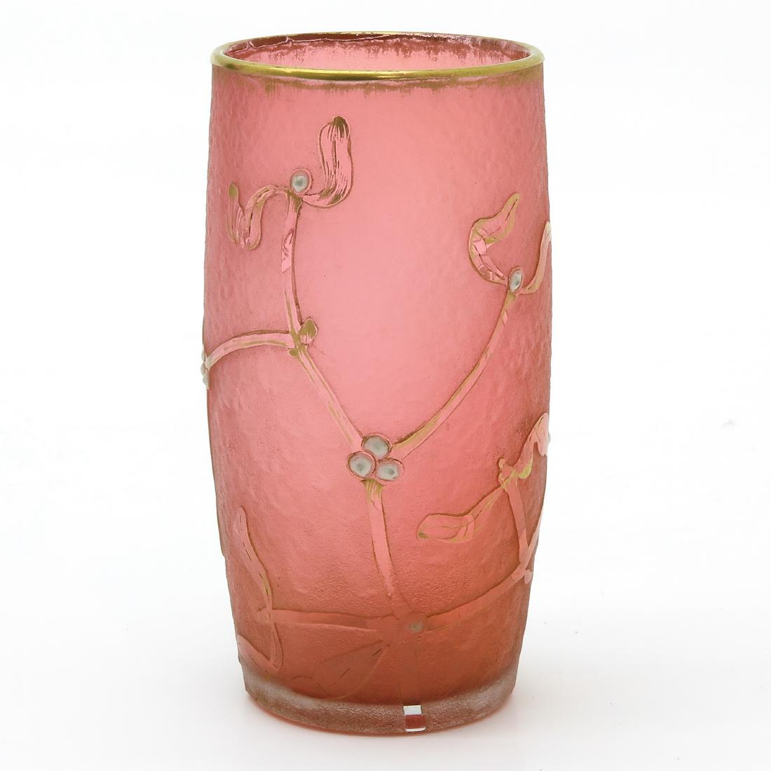 A Daum Nancy Vase: Floral decor in marigold colors, 12 cm. tall.