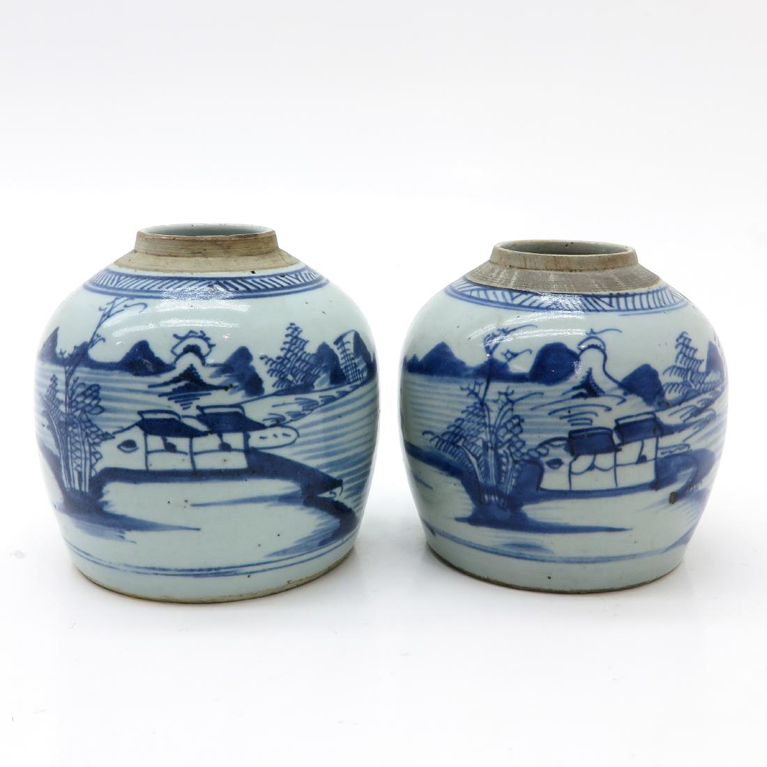 A Pair of Blue and White Ginger Jars: Landscape decor, 17 cm. tall, without covers.