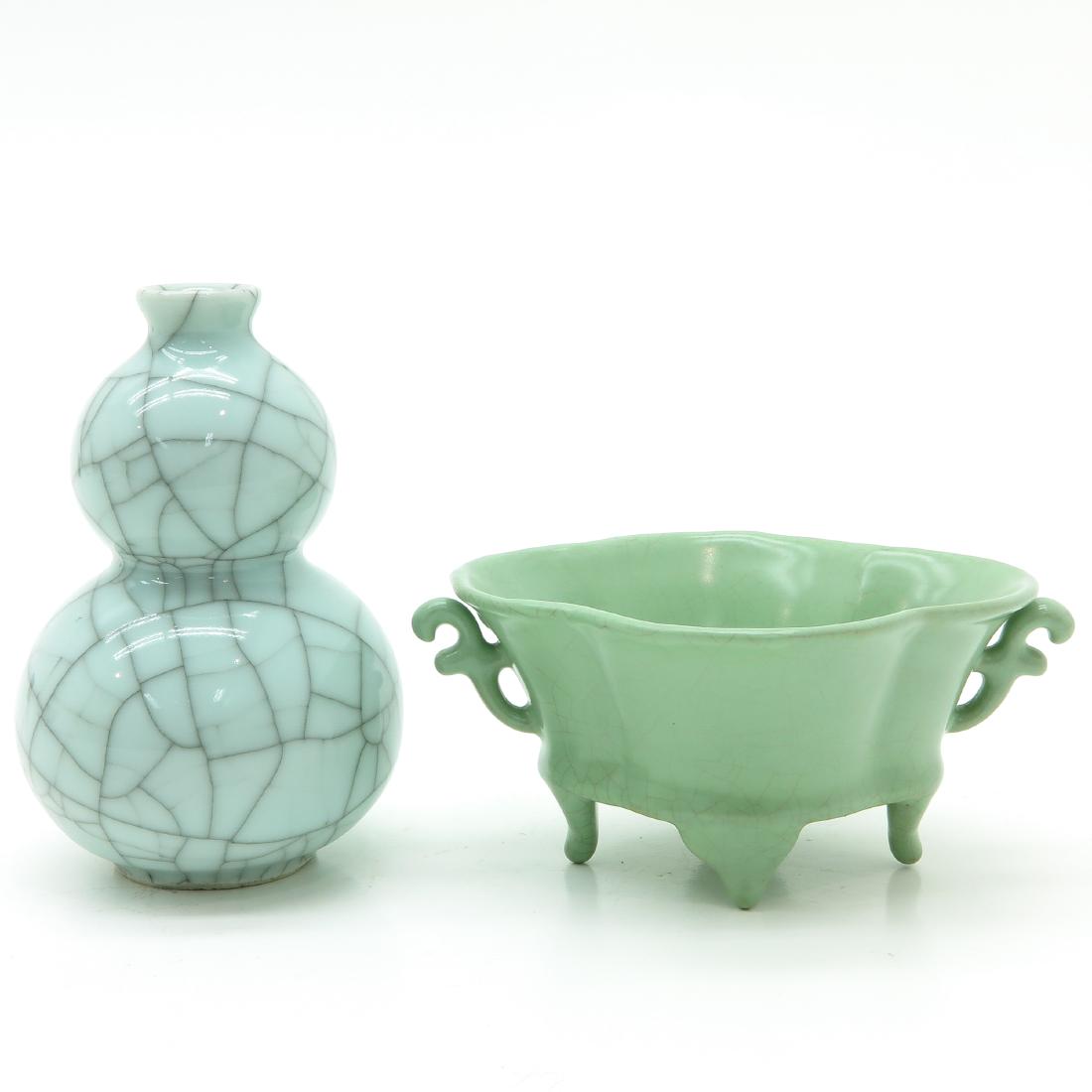 A Celadon Censer and Double Gourd Vase: Vase is 14 cm. tall, censer is marked on bottom with Chinese characters.