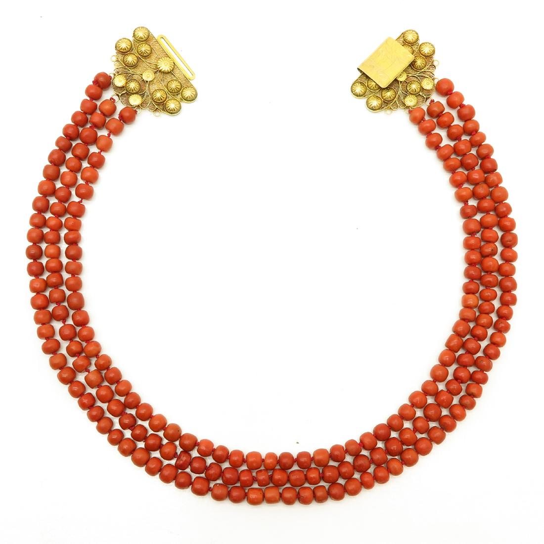 19th Century 3 Strand Red Coral Necklace on 14KG Clasp (1 of 1)