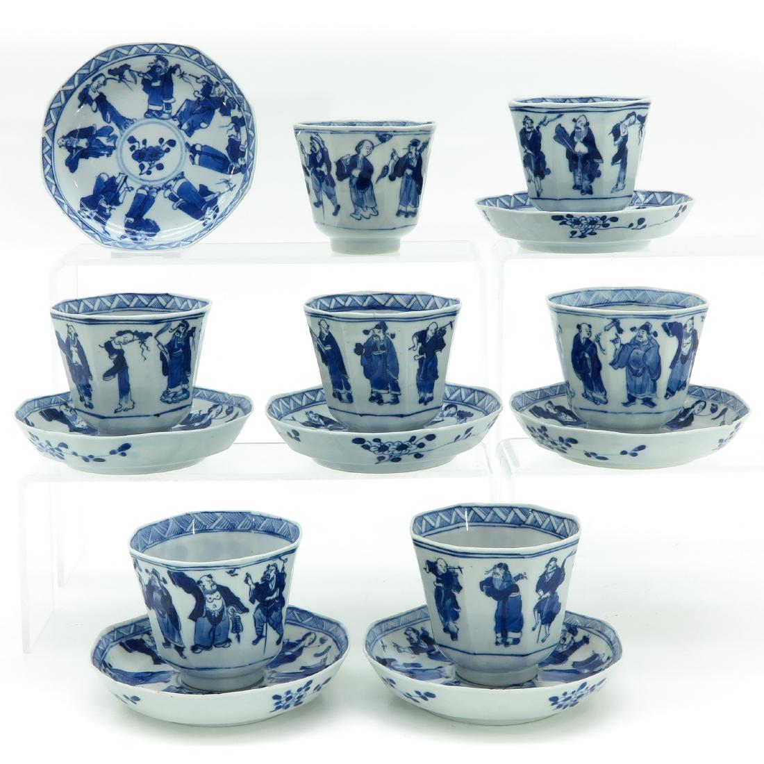 A Set of Seven Blue and White Decor Cups and Saucers (1 of 8)