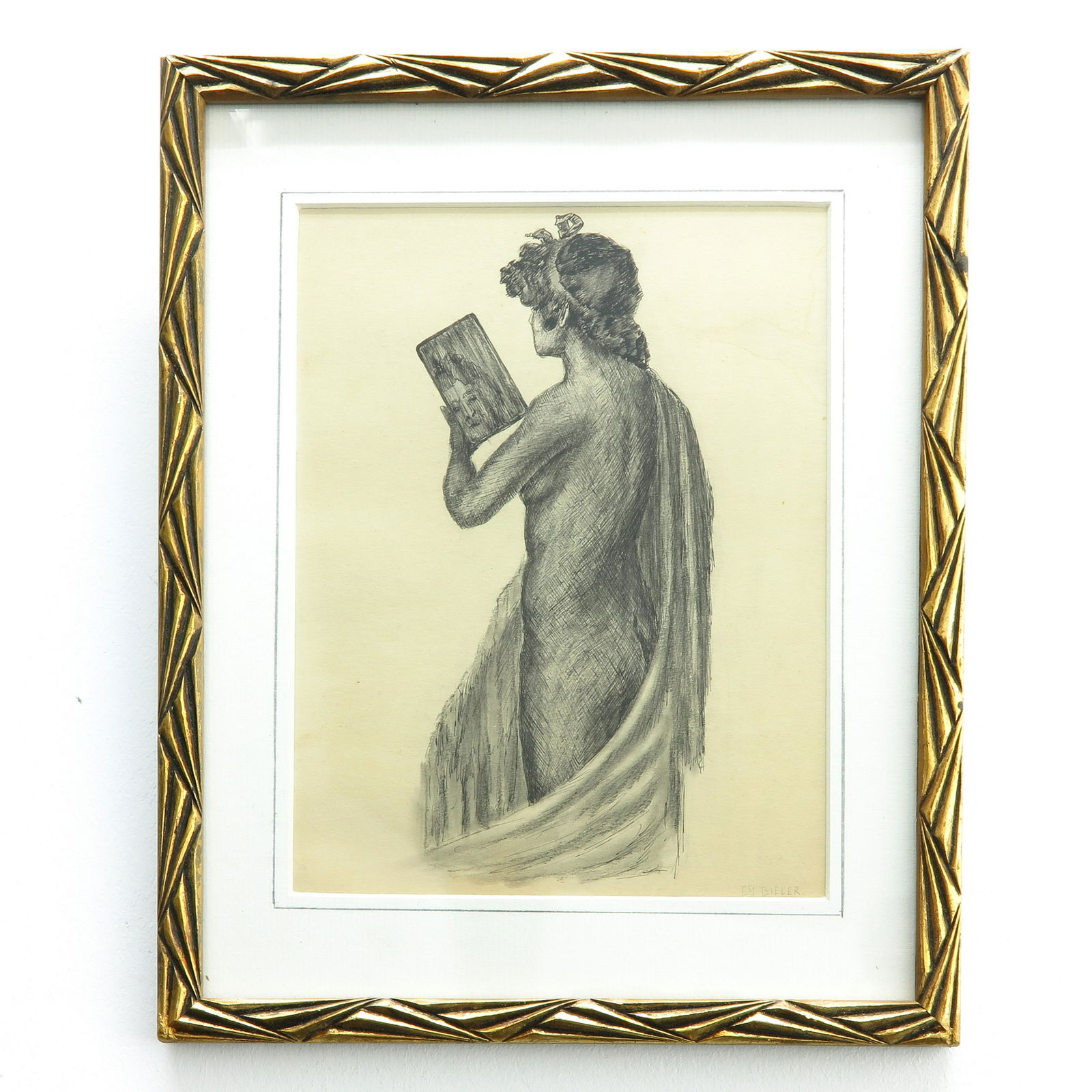 A Tekening Signed E. Bieler: Depicting woman draped in robe holding a mirror, 17 x 22 cm.