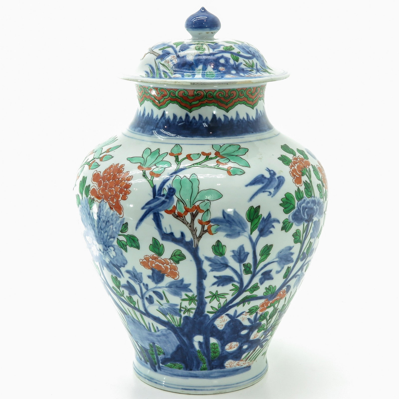 A Famille Verte Temple Jar: Floral and bird decor q=with butterflies, 36 cm. tall, restoration on cover.