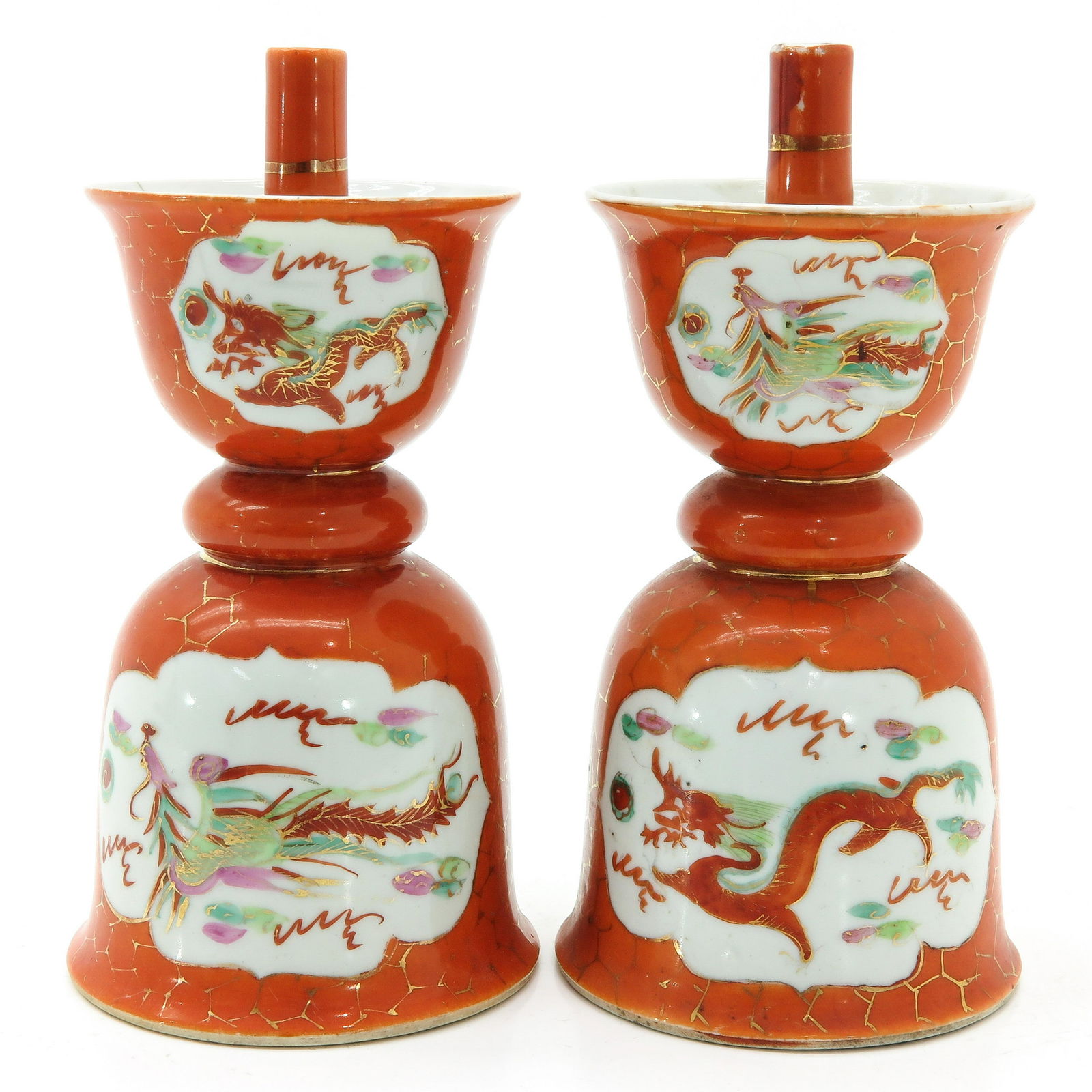 A Pair of Orange and Gilt Decor Candlesticks (1 of 8)